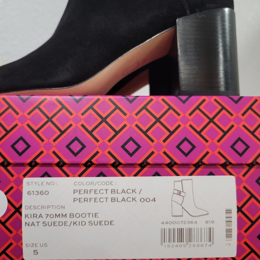 TORY BURCH Womens Black Logo Kira Round Toe Block Heel Leather Booties 5 NWT - Picture 8 of 10